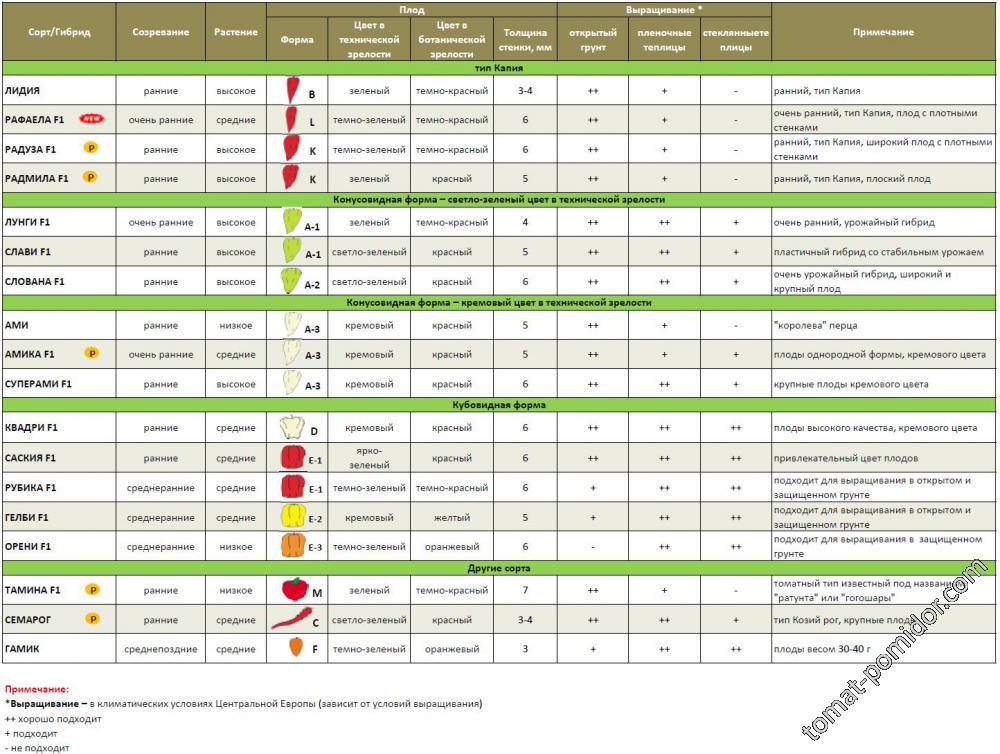 Таблица сладкий перец